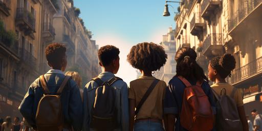a group of :4 balck-skinned girls and mixed-skinned boys are happily walking in Paris street, a child is sitting at the screen smiling but his look is sad, realistic, characters,realisim,hyperealism, depht view::3 , back view,, --ar 2:1