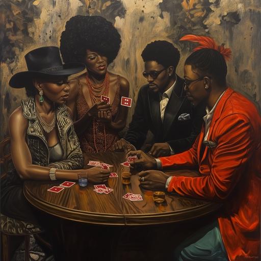 a group of 4 black people, 2 men and 2 women playing spades --v 6.0