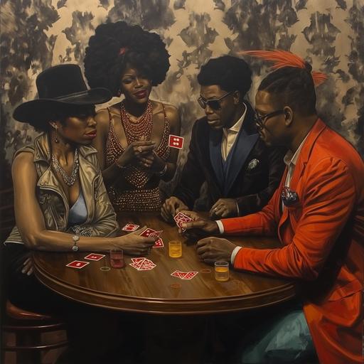 a group of 4 black people, 2 men and 2 women playing spades --v 6.0