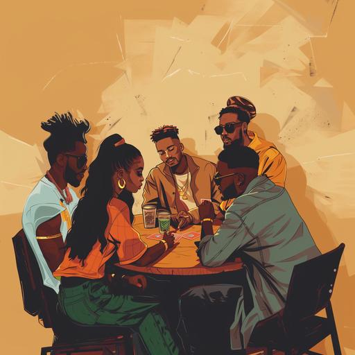 a group of 4 black people, 2 men and 2 women playing spades. Use a more modern artstyle