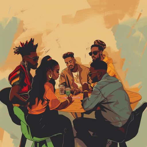 a group of 4 black people, 2 men and 2 women playing spades. Use a more modern artstyle