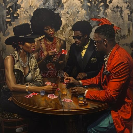 a group of 4 black people, 2 men and 2 women playing spades