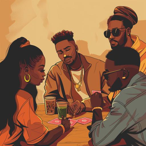 a group of 4 black people, 2 men and 2 women playing spades. Use a more modern artstyle --v 6.0