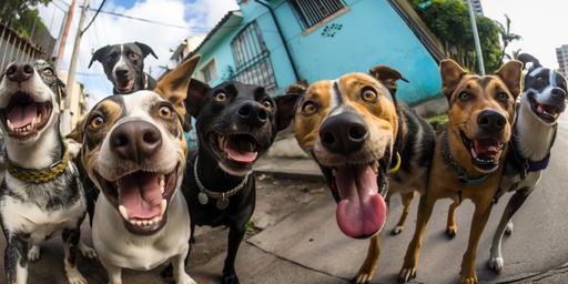 a group of 4 brazilian street dogs taking a selfie