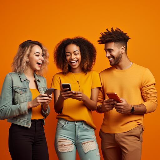 a group of 4 interracial people posing happily with orange background socialising with phones