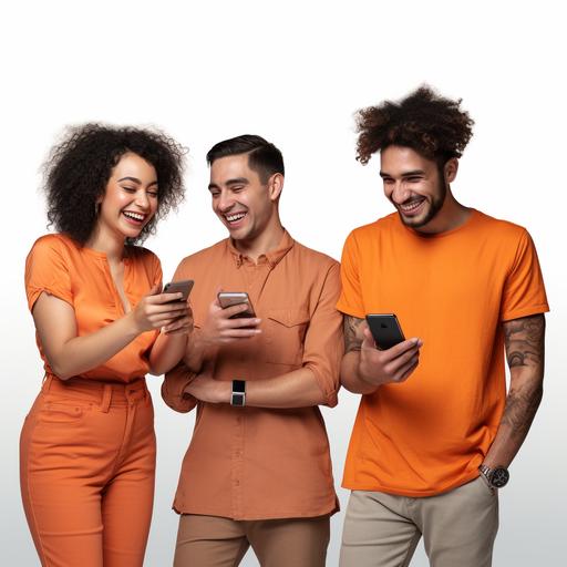 a group of 4 interracial people posing happily with white background and orange shirts socialising with phones