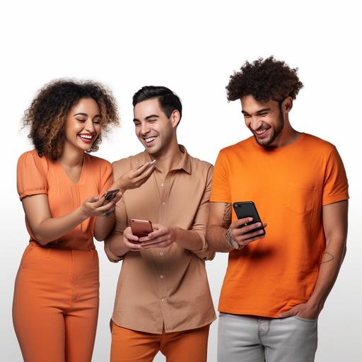 a group of 4 interracial people posing happily with white background and orange shirts socialising with phones