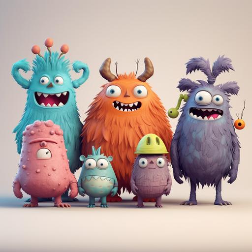 a group of 5 cute monsters in a style like studio ghibli. Each monster should have a different key colout and distinguishing characteristics (tall, short, thin, stout etc.) . Acouple should have glasses and one with a hearing aid.