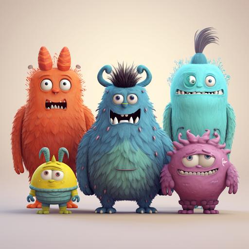 a group of 5 cute monsters in a style like studio ghibli. Each monster should have a different key colout and distinguishing characteristics (tall, short, thin, stout etc.) . Acouple should have glasses and one with a hearing aid.