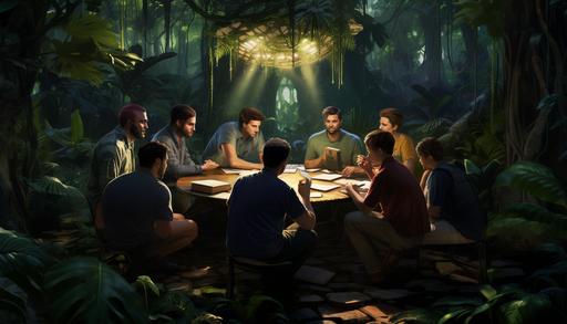 a group of IT guys sitting in a circle discussing important technical stuff. The setting is a room in a jungle --aspect 7:4
