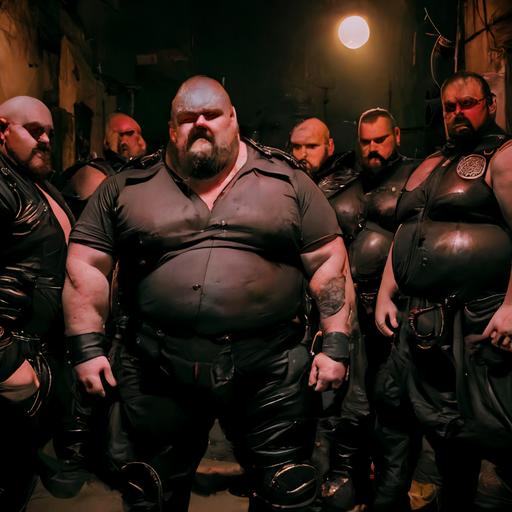 a group of big burly stocky men in tight black heavy rubber, standing in an dark alley at night with soft red light from fires in oildrums , they all are bald and have either big moustaches or big beards, they are all older than 25 years old, very detailed, high structure, thick black rubber shirt, black rubber pants, black leather boots, body hair, cinematic, dramatic light, 8k, hdr, octane render, grumpy, threatening, strong, hyper detailed, high contrast, 4k, + cinematic shot + photos taken by ARRI, photos taken by sony, photos taken by canon, photos taken by nikon, photos taken by sony, photos taken by hasselblad + incredibly detailed, sharpen, details + professional lighting, photography lighting + 50mm, 80mm, 100m + lightroom gallery + behance photographys + unsplash --q 2 --v 4