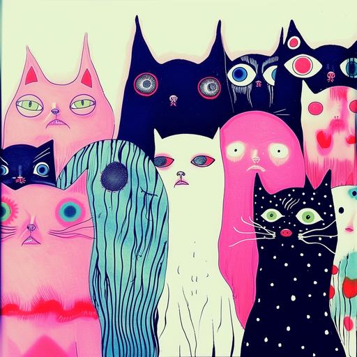 a group of cats standing next to each other, a pop art painting, by Yi Inmun, tumblr, dayglo pink and blue, monster art, pictoplasma, no faces, !!! cat!!!, digital art. colorful comic, lomo, by jake parker, crowd of androids, style of conrad roset, horrified, alex yanes, pastels --sref  --v 6.0