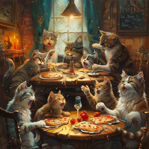 a group of cats throwing a party and celebrating at a pizzeria playing games