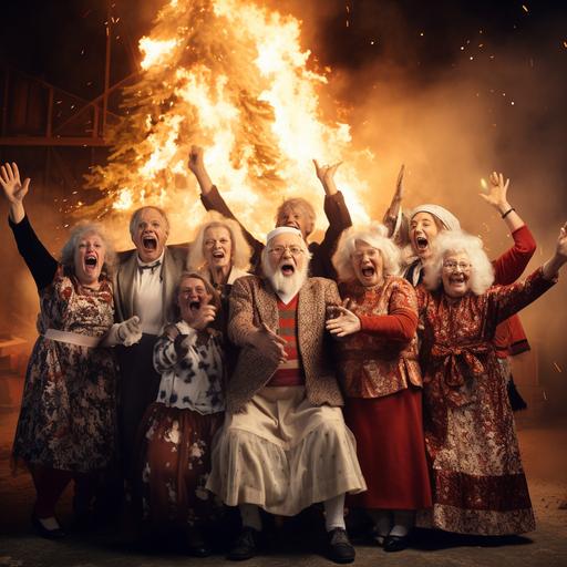 a group of extremely old people dressed in young people’s clothing, cheering together in front of a Christmas tree that is on fire