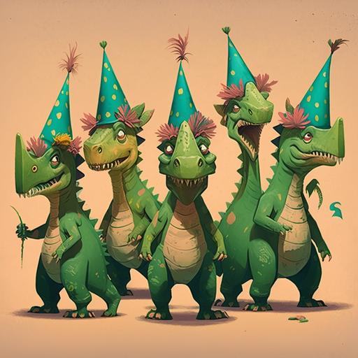 a group of green cartoon dinosaurs wearing party hats