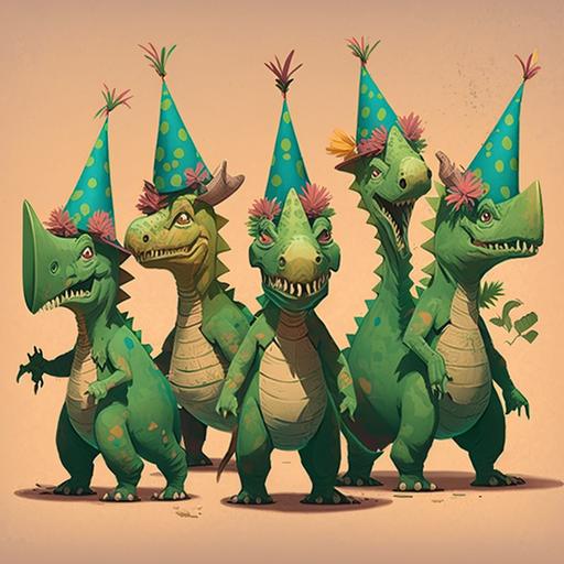 a group of green cartoon dinosaurs wearing party hats