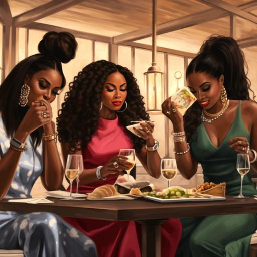 a group of high powered gorgeous black women, long beautiful hair, sitting at a table drinking wine while working, wine bottle on the table, they have their gold laptops, gold phone, they are engaged in conversation and work, they are all wearing designer clothes, designer purses hanging on the seats, red bottom heels, having a great time talking about making money, restaurant back ground is full of other black professionals in the distance
