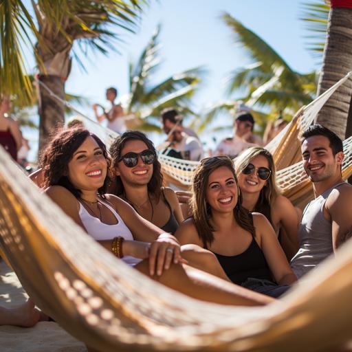 a group of late twenty somethings mixed ethnicities relaxing in hammocks in the backstage area of a festival with white sand and palm tree line behind. the hammocks to be on individual stands, arranged within a low rafia fence. a butler is serving drinks from a small mobile mini bar. very bright and sunny. ultra high definition. matte photo. look and feel of a band photo shoot
