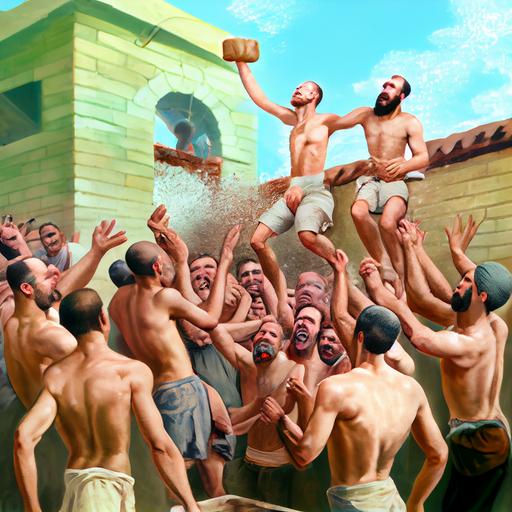 a group of male prisoners performing the annual dropping of the soap, celebration --upbeta