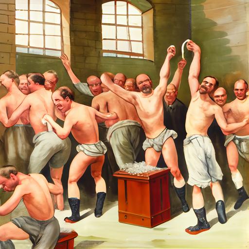 a group of male prisoners performing the annual dropping of the soap, celebration --upbeta