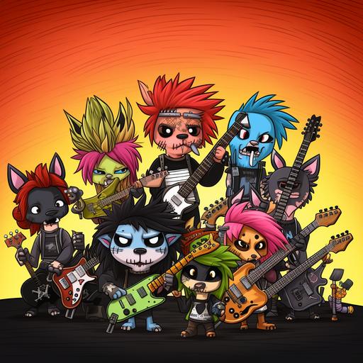a group of neopets in a heavy metal rock band. cartoon emo punk rock angsty rainbow