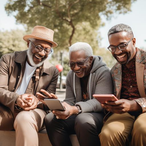 a group of older mature black gay men answering a survey on computers and mobile devices