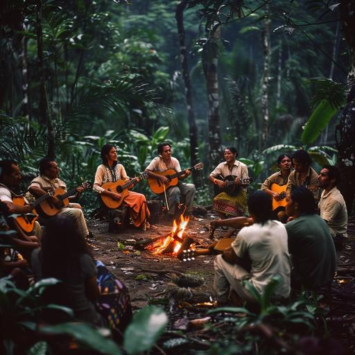 a group of people , sitting in a circle by the fire in the jungle. each of the people is singing and playing guitar. dressed in light colors besides the leader who is dressed in dark colors. 35m lens , real photo , bright colors, low saturation , old style photography