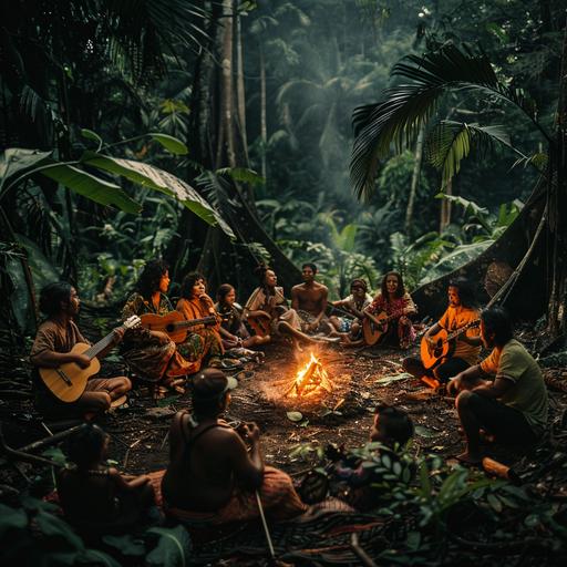 a group of people , sitting in a circle by the fire in the jungle. each of the people is singing and playing guitar. dressed in light colors besides the leader who is dressed in dark colors. 35m lens , real photo , bright colors, low saturation , old style photography