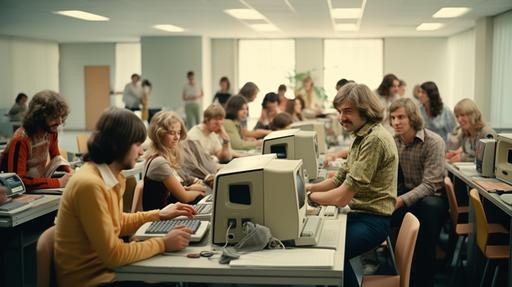 a group of people are in 1972, so clothes and other details are old and looks like 1970 fashion. They are togheter in a classroom and everyone is using old computers. Everyone are happy and laughting. Use wide angle, grainy photo style, 1970s era and a day light mode. Use olive green collor only in the details --ar 16:9