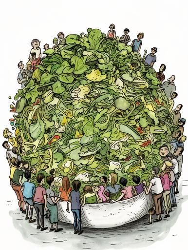 a group of people worshipping a giant bowl of salad, silly doodle by Shel Silverstein, ink pen --ar 3:4 --v 5