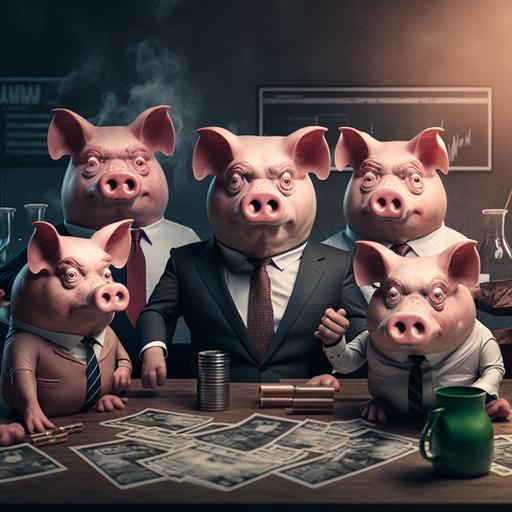 a group of pigs dressed in business attire, surrounded by stacks of money and various financial symbols (such as dollar signs, piggy banks, and stock market charts). The pigs are engaged in a lively discussion, gesturing confidently as if they are plotting their next financial move. However, amidst the opulence and ambition, there is a subtle hint of uncertainty in their expressions, suggesting that the journey to financial success may not be as straightforward as they initially believed. Surround the scene with a lush forest, symbolizing the challenges and mysteries that lie ahead in their quest to make money, hyper realistic --v 4 --q 2