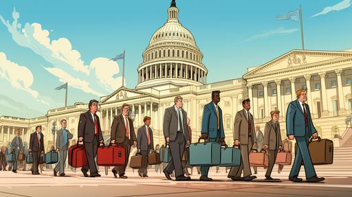 a group of politicians leaving the U.S. Capitol building with suitcases. cartoon style. --ar 16:9