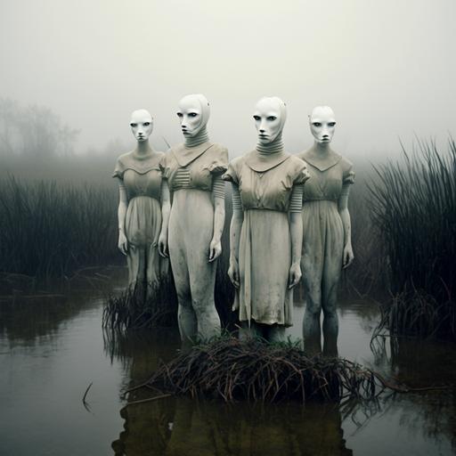 a group of posing mannequins standing in the swamp, foggy, ominous