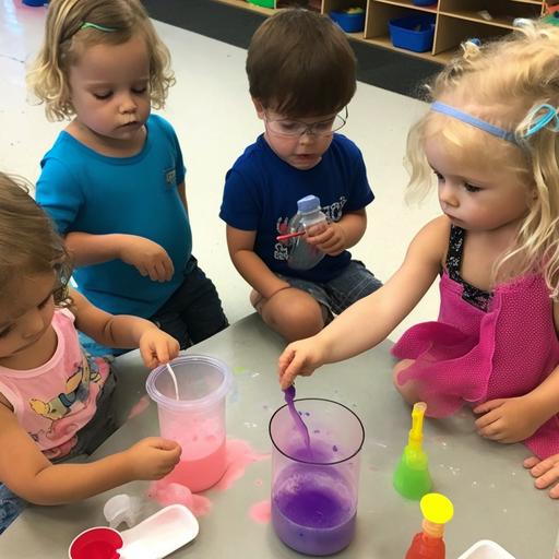 a group of preschoolers exploring the properties of water by conducting experiments with water droppers and colored water. The children could be wearing lab coats and goggles and the backdrop could show other STEAM-related tools and materials, such as measuring cups, pipettes, and water wheels. The image could be brightly colored and have a playful and inviting tone, conveying the sense of excitement.
