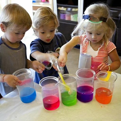 a group of preschoolers exploring the properties of water by conducting experiments with water droppers and colored water. The children could be wearing lab coats and goggles and the backdrop could show other STEAM-related tools and materials, such as measuring cups, pipettes, and water wheels. The image could be brightly colored and have a playful and inviting tone, conveying the sense of excitement.