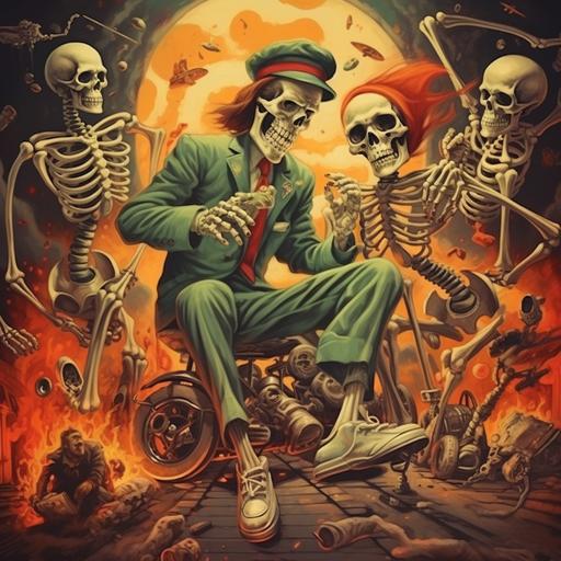 a group of skeletons, riding skateboards, in urban setting, smoking and drinking cans of beer, with atomic balst in background - Illistration WWII propaganda poster style