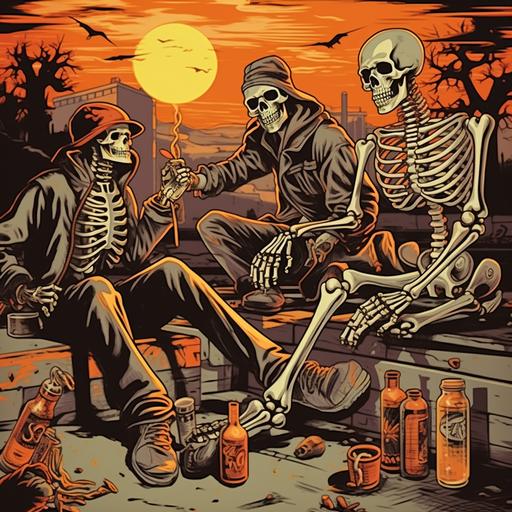 a group of skeletons skateboarding in urban setting, smoking and drinking cans of beer - Illistration WWII Propaganda poster style