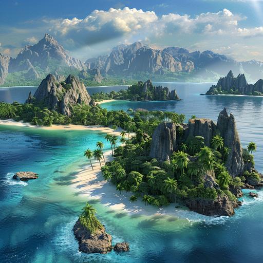 a group of tropical islands with beaches of beautiful sand and a variety of plant life and tropical animals. The water between the islands is of a beautiful crystalline blue. The islands are encircled by a mountain range, but there is an opening to reach the islands on water. Birds eyes view from the opening. --v 6.0