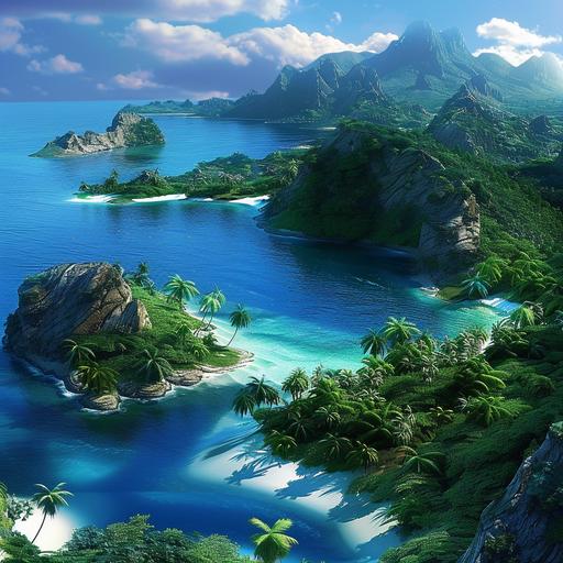 a group of tropical islands with beaches of beautiful sand and a variety of plant life and tropical animals. The water between the islands is of a beautiful crystalline blue. The islands are encircled by a mountain range, but there is an opening to reach the islands on water. Birds eyes view from the opening.