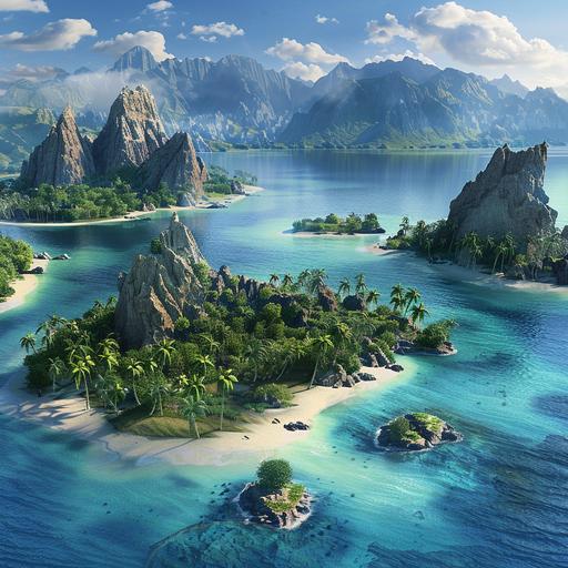 a group of tropical islands with beaches of beautiful sand and a variety of plant life and tropical animals. The water between the islands is of a beautiful crystalline blue. The islands are encircled by a mountain range, but there is an opening to reach the islands on water. Birds eyes view from the opening. --v 6.0