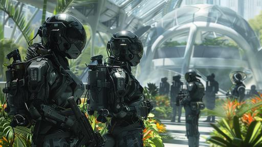 a group of women in gothic black spacesuits, military police riot combat flightsuit body armour, in the midst of a futuristic glass city, with plants and foilage protected under a futuristic glass dome, civilians go about their business in the background --ar 16:9