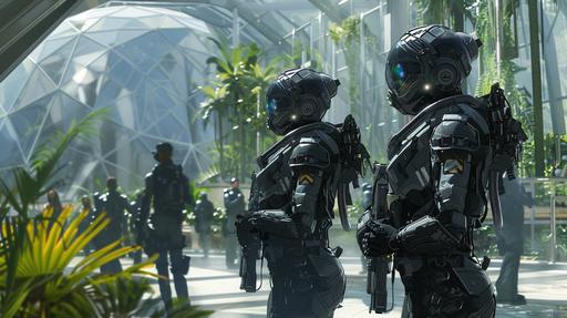 a group of women in gothic black spacesuits, military police riot combat flightsuit body armour, in the midst of a futuristic glass city, with plants and foilage protected under a futuristic glass dome, civilians go about their business in the background --ar 16:9