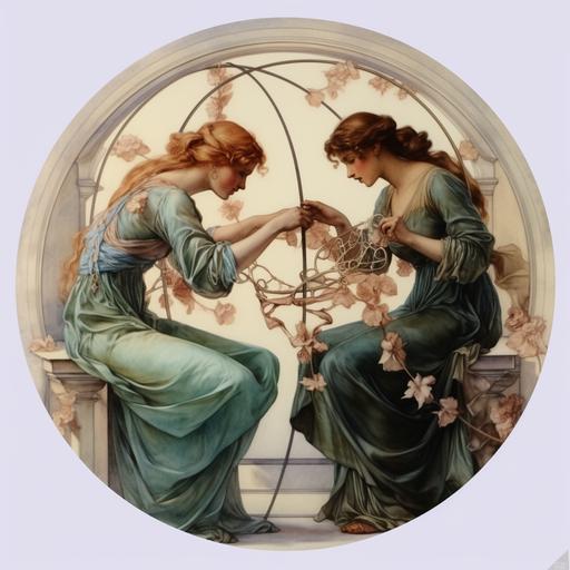 a group of young women playing a ring-a-ring-o-rose, art noveau, historical characters, nymphs, age of electricity, artwork on bronze, acquaforte, watecolor, thick lines