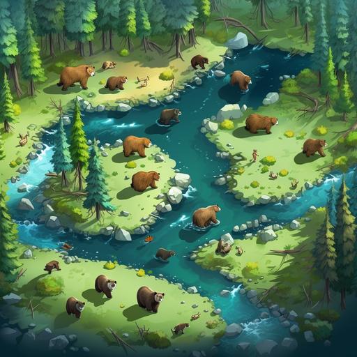 a groups of bears in a velly walking around, it is an ariel view of a large land mass. a lot of bears are standing on different places, there is a lake and a lot of trees in the area. animation style