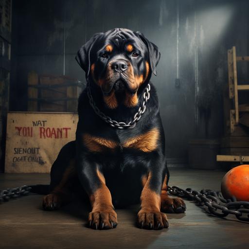 a growling rottweiler dog with a chain around its neck in a concrete room with reflective flooring a giant 