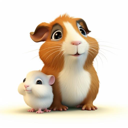 a guinea pig with a cute baby guinea pig, cartoon style, disney style, white backround, 3d rendered