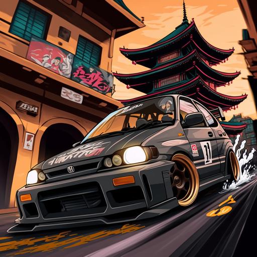 a gunmetal Honda civic EK hatchback with a samurai logo racing in a street