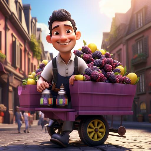 a guy carrying a jamun lemonade cart, cart full of blackberries, black grapes and lemonades, pixar cartoon 3d