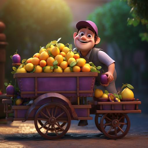 a guy carrying a jamun lemonade cart, cart full of black plums and lemonades, pixar cartoon 3d