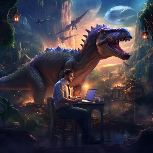a guys riding a dinosaur while he is working on his laptop, dreamy setting